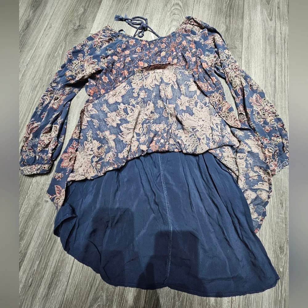 Free people Boho Paisley Blue Floral Lucky Loosey hang Swing Shift dress Large - Picture 8 of 9